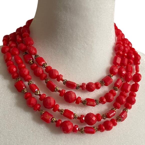 Vintage Red Four Strand Necklace Western Germany Faceted Acrylic AB Finish - Picture 3 of 10